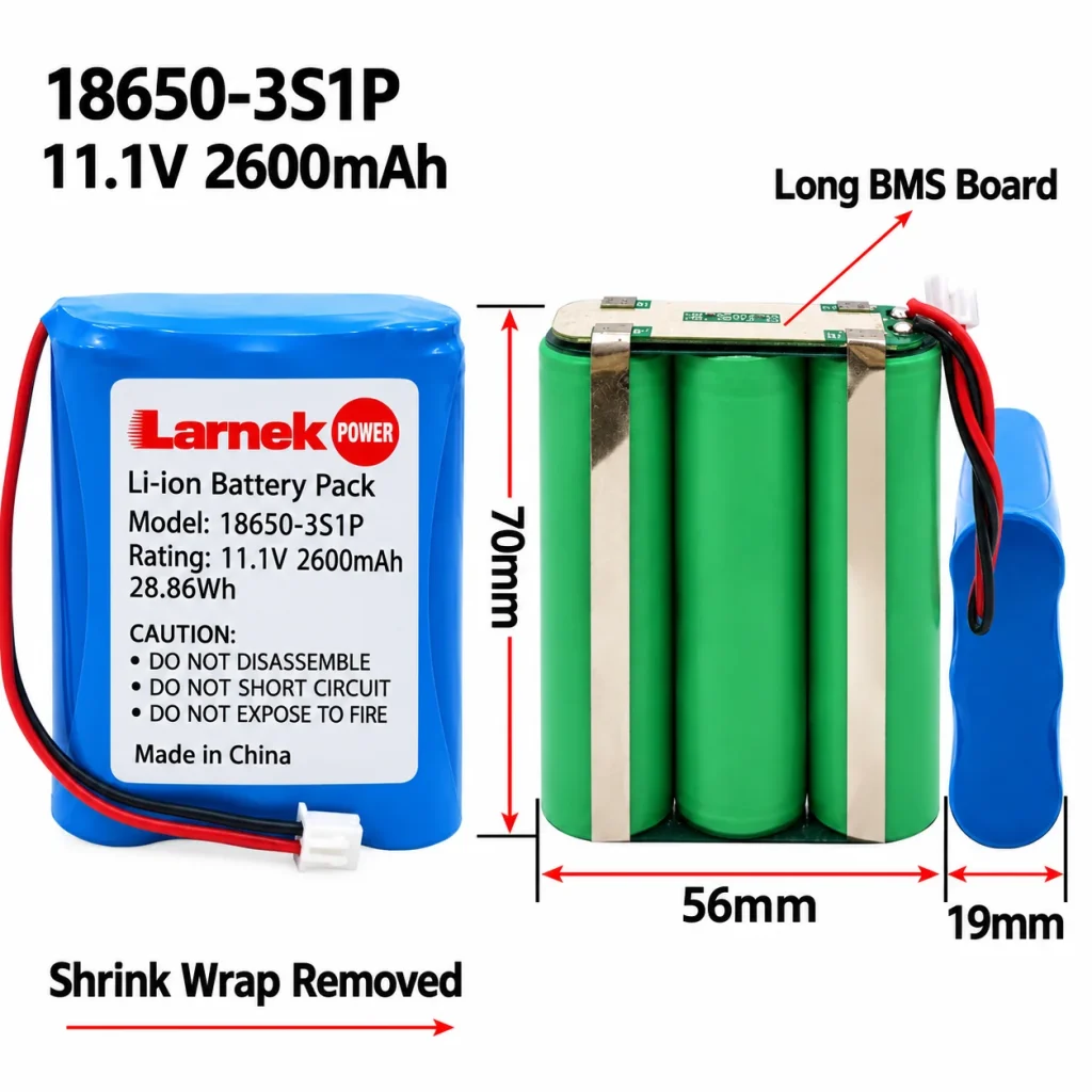 18650 3S1P flat battery pack 11.1V 2600mAh, 56 x 19 x 70 mm, with long BMS board