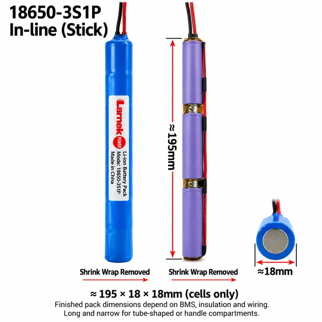 18650 3S1P in-line stick battery pack, about 195 x 18 x 18 mm cells only
