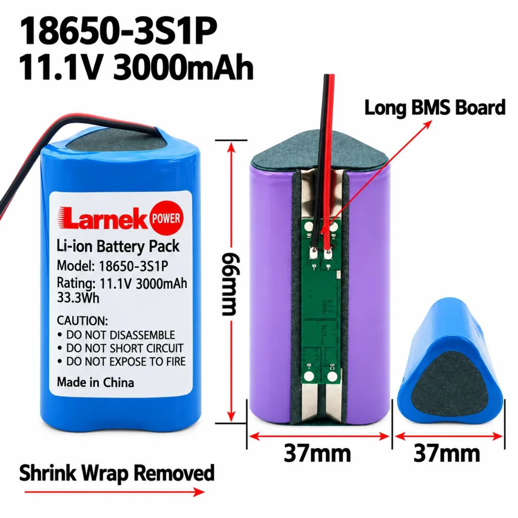 18650 3S1P triangle battery pack 11.1V 3000mAh, 37 x 37 x 66 mm, with long BMS board
