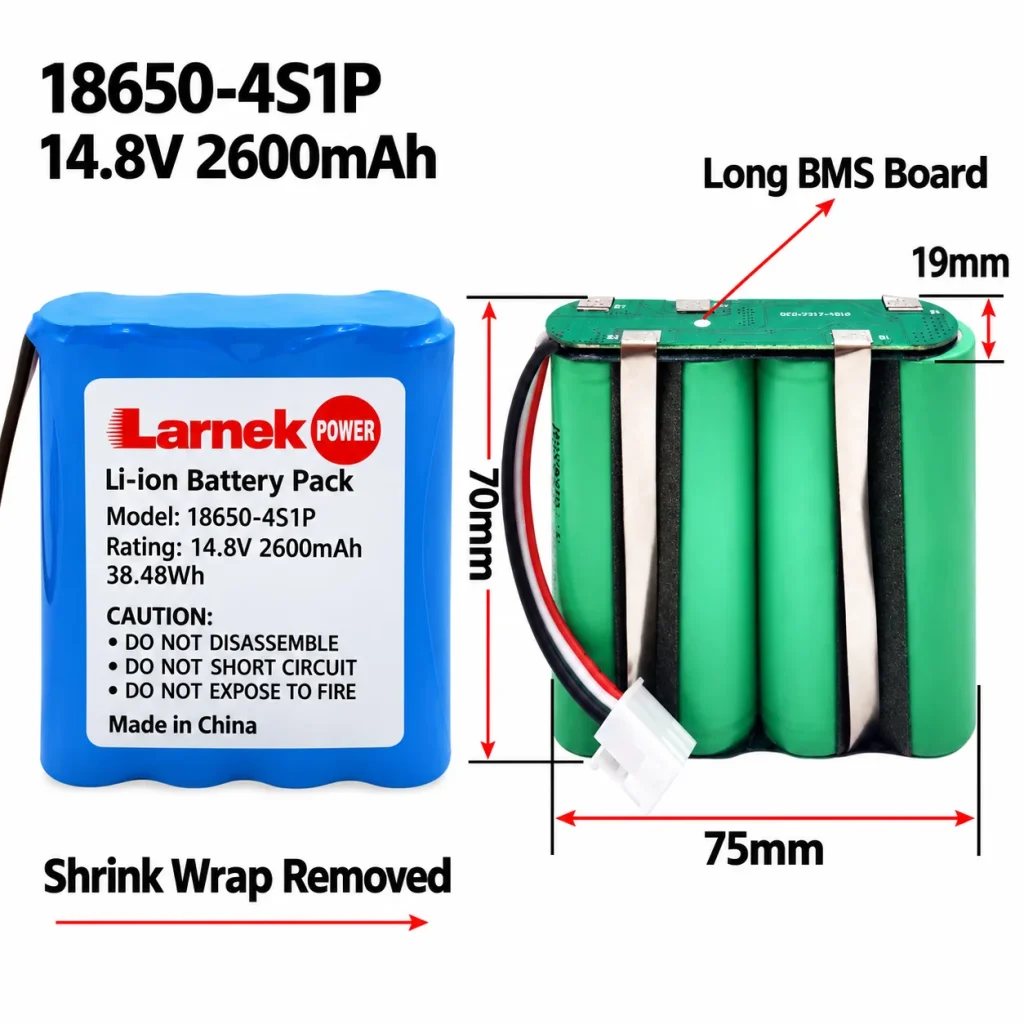 18650 4S1P flat battery pack 14.8V 2600mAh, 75 x 19 x 70 mm, with long BMS board