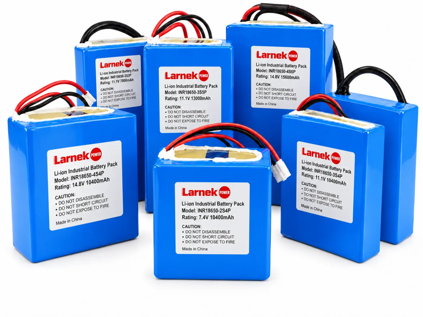 Six custom lithium-ion battery packs with labels and connectors