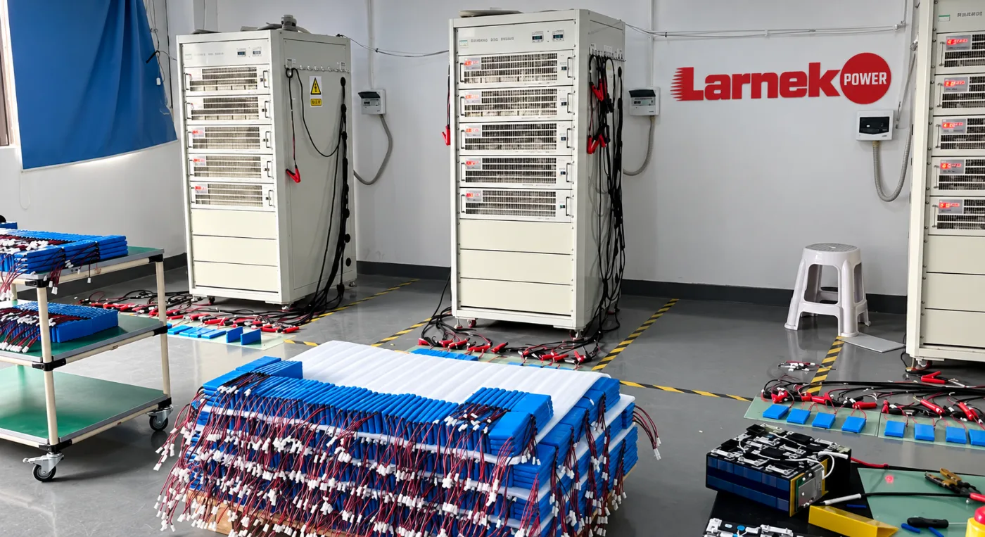 Industrial battery packs connected to test equipment for BMS and interface checks