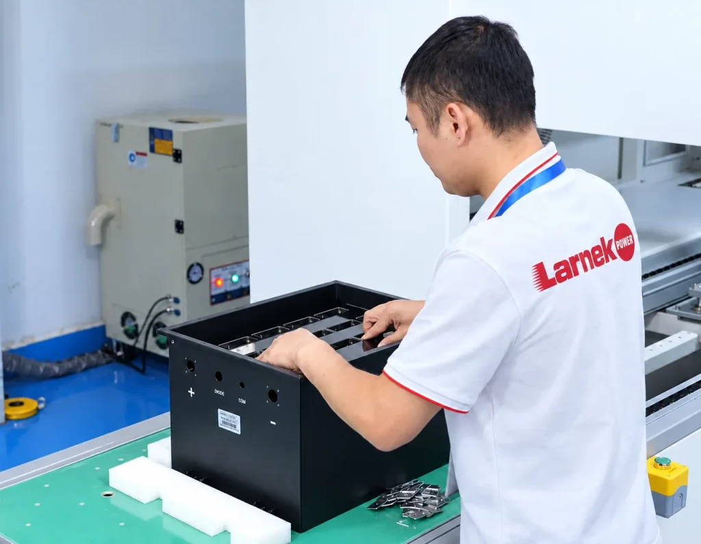 Technician fitting cell connections inside an industrial battery pack enclosure