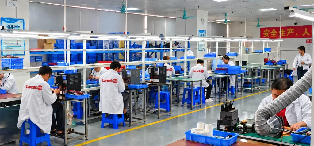 Larnek 18650 battery pack assembly workshop with technicians at welding and test stations