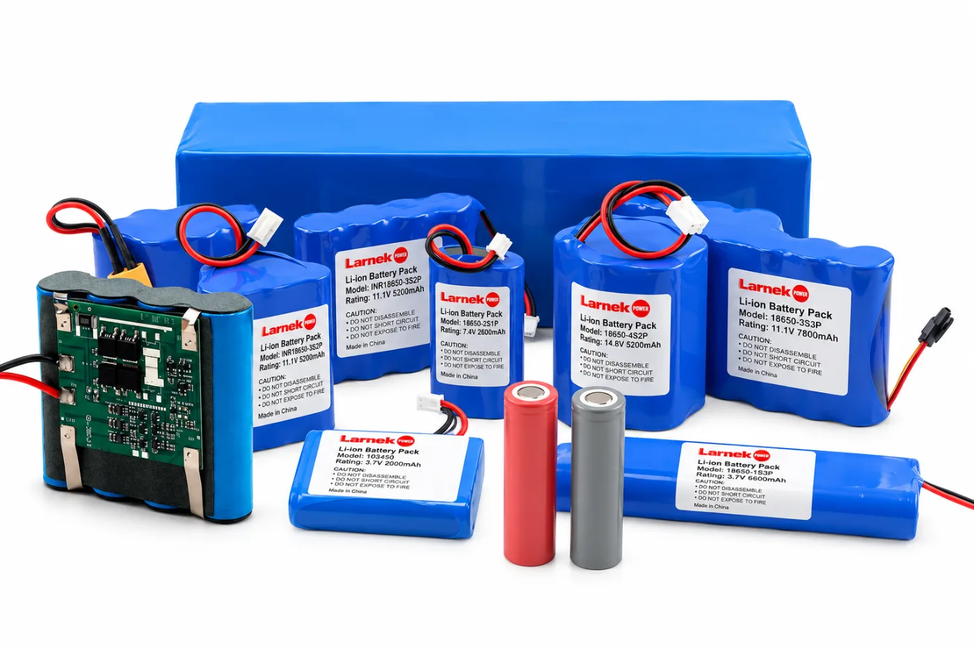 Range of lithium-ion battery packs with BMS boards and leads